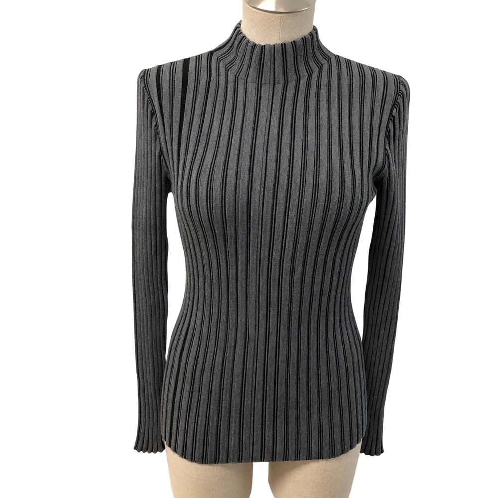 Akris Punto Mock Neck Sweater Womens 8 Gray Striped Virgin Wool Ribbed Knit